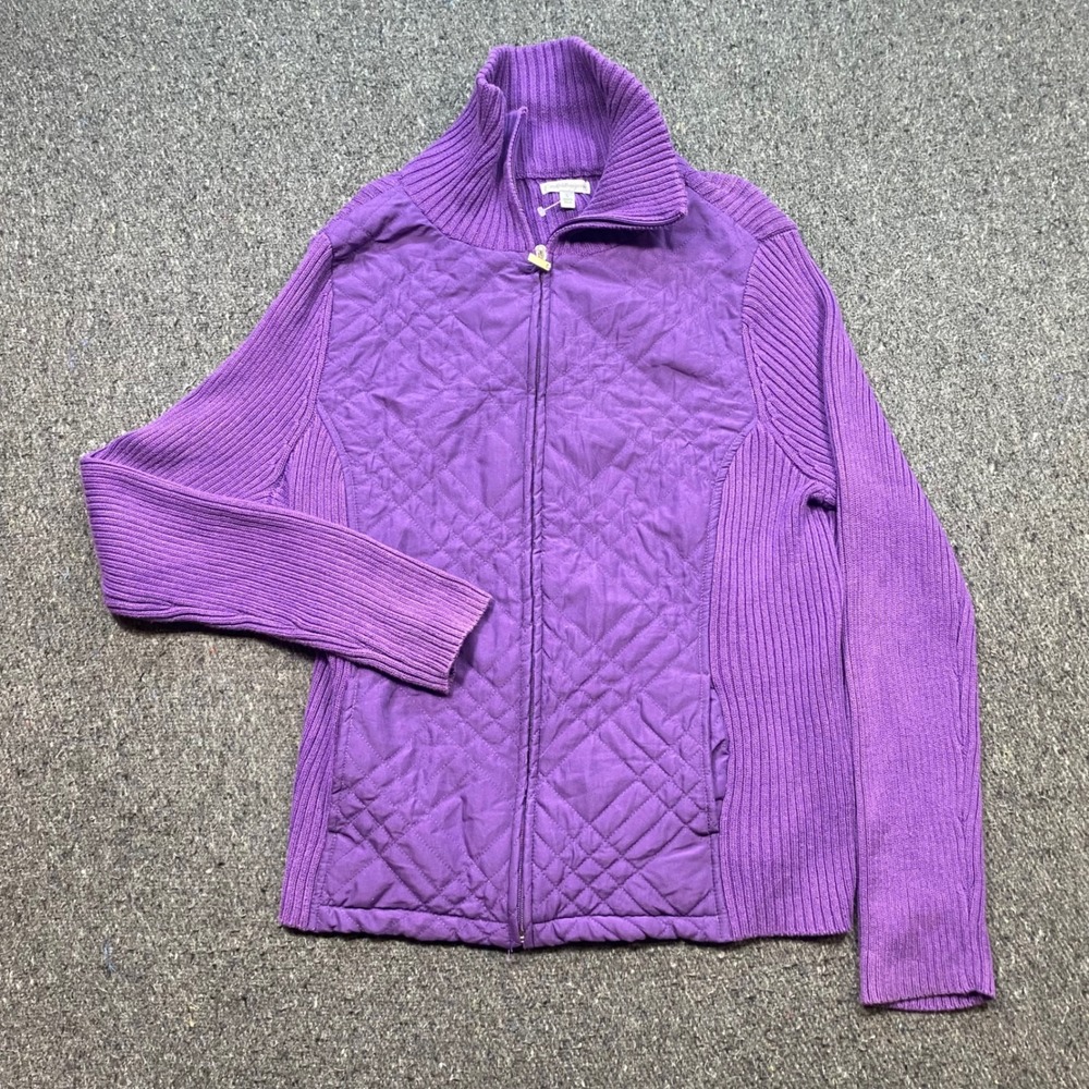 Croft Barrow Quilted Full Zip Cardigan Sz L Women Purple Ribbed Mixed Media Knit
